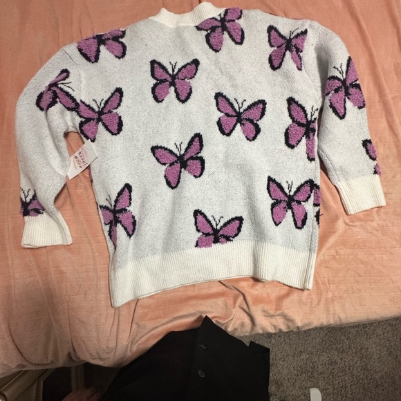 Ivory Purple Butterfly Knit Sweater by Hazel Moon – Size Large - Picture 5 of 5